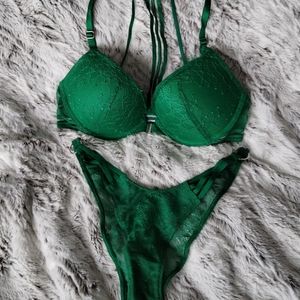 Matching Victoria's Secret green push-up bra and lace panty set
